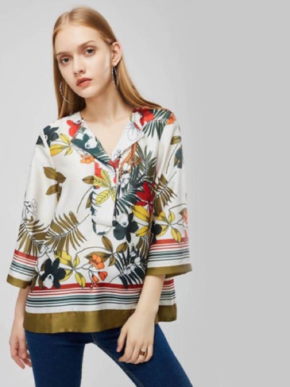 Zara Basic Tropical Floral Satin Blouse Women’s S Botanical Print